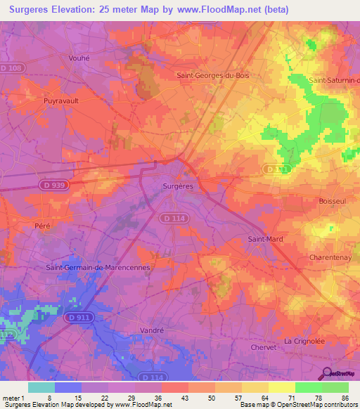 Surgeres,France Elevation Map