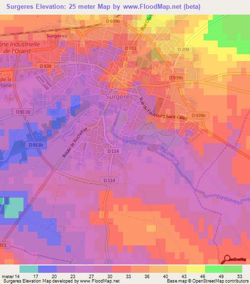 Surgeres,France Elevation Map