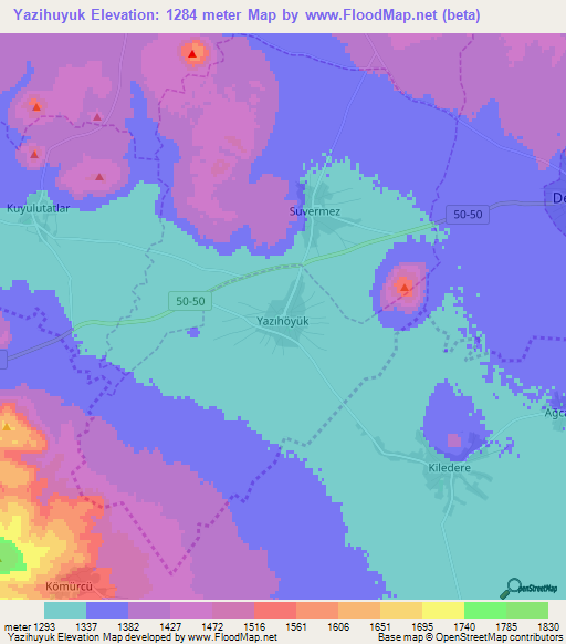 Yazihuyuk,Turkey Elevation Map