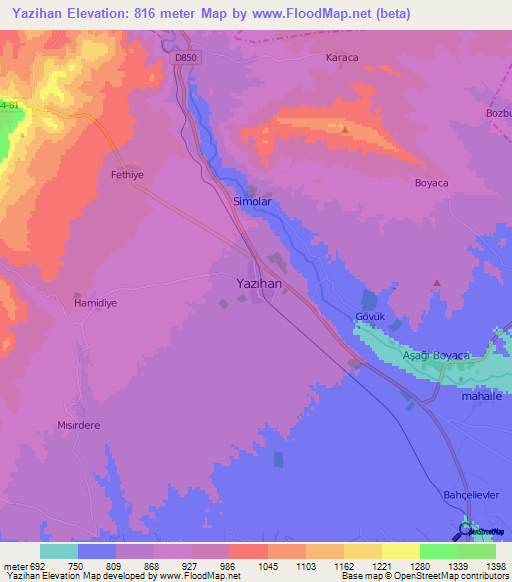 Yazihan,Turkey Elevation Map