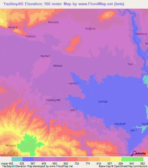 Yazibeydili,Turkey Elevation Map