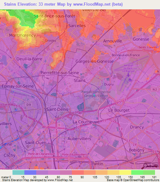 Stains,France Elevation Map
