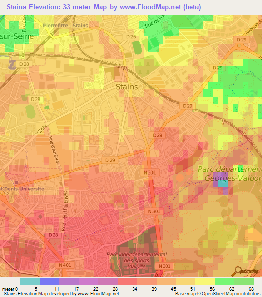 Stains,France Elevation Map