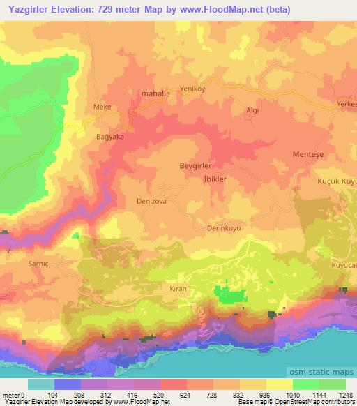 Yazgirler,Turkey Elevation Map