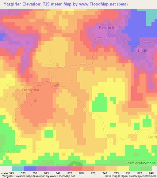 Yazgirler,Turkey Elevation Map