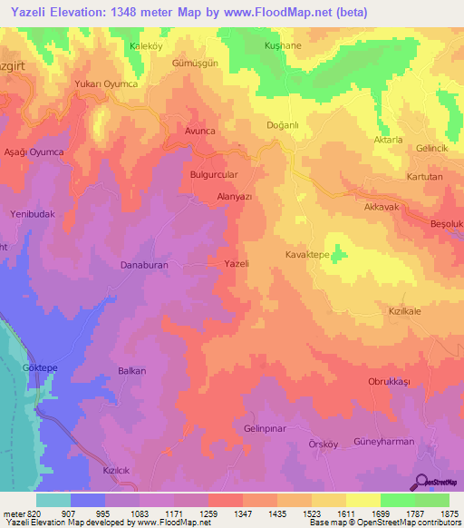 Yazeli,Turkey Elevation Map