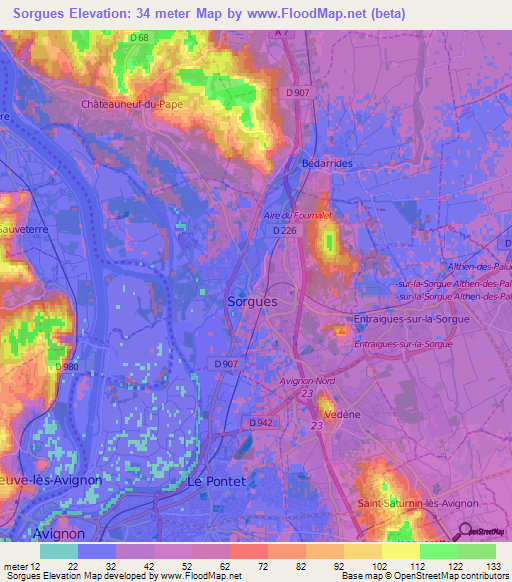 Sorgues,France Elevation Map