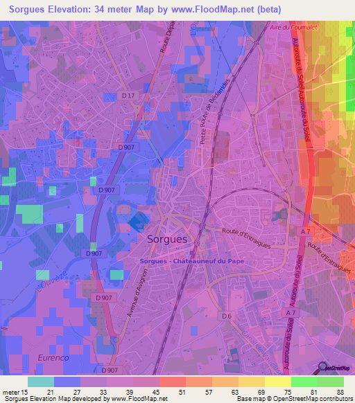 Sorgues,France Elevation Map