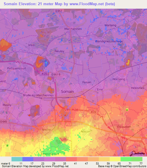 Somain,France Elevation Map