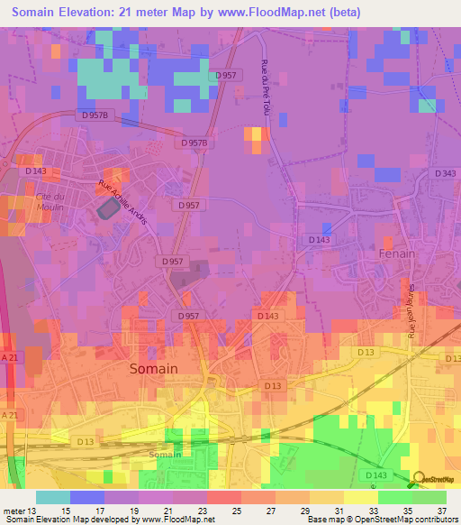 Somain,France Elevation Map