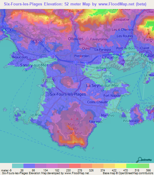 Six-Fours-les-Plages,France Elevation Map