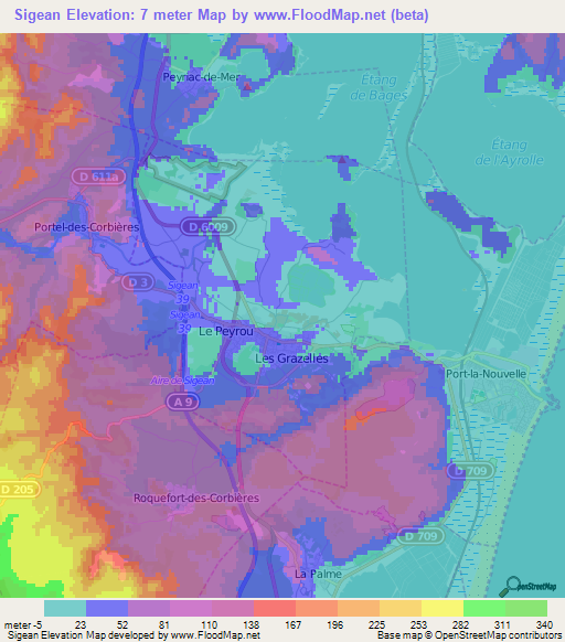 Sigean,France Elevation Map