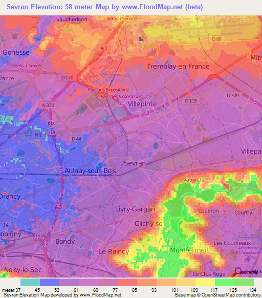 Sevran,France Elevation Map