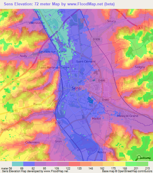 Sens,France Elevation Map