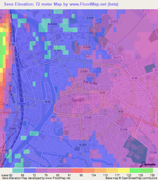 Sens,France Elevation Map