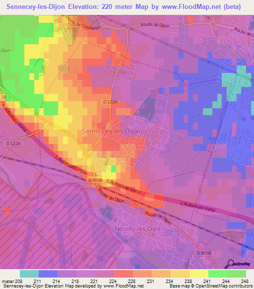 Sennecey-les-Dijon,France Elevation Map