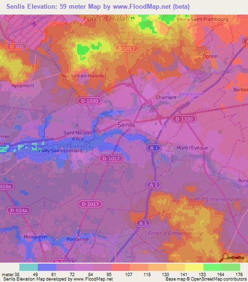 Senlis,France Elevation Map