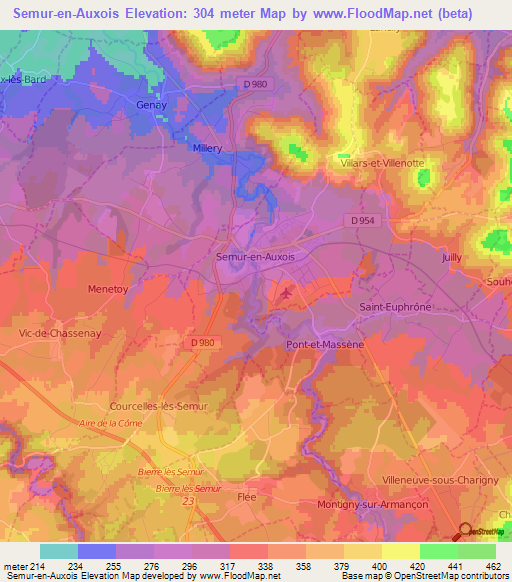 Semur-en-Auxois,France Elevation Map