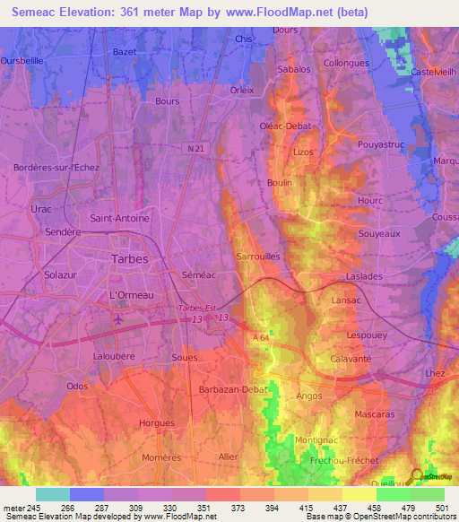 Semeac,France Elevation Map