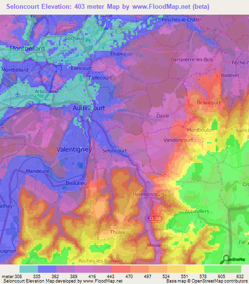 Seloncourt,France Elevation Map