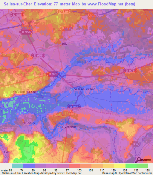 Selles-sur-Cher,France Elevation Map