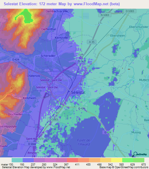 Selestat,France Elevation Map