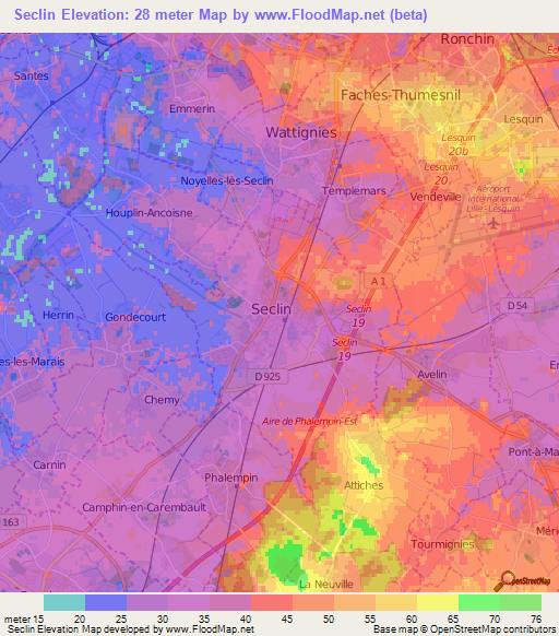 Seclin,France Elevation Map
