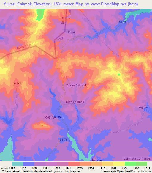 Yukari Cakmak,Turkey Elevation Map