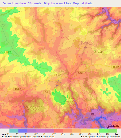 Scaer,France Elevation Map