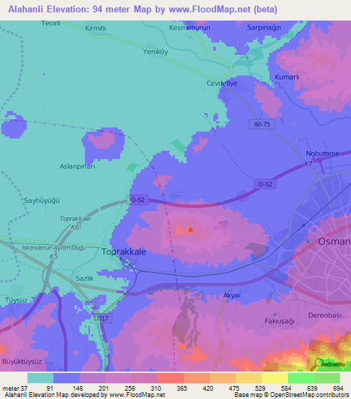 Alahanli,Turkey Elevation Map