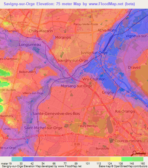 Savigny-sur-Orge,France Elevation Map