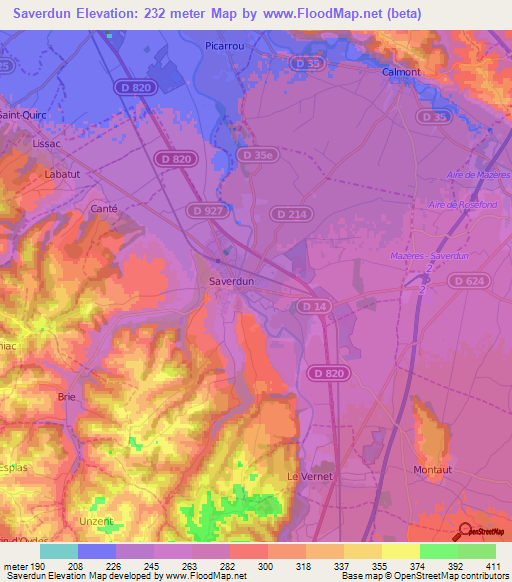 Saverdun,France Elevation Map