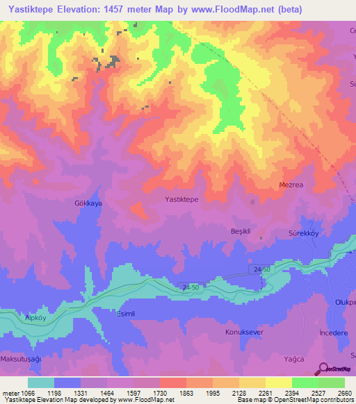 Yastiktepe,Turkey Elevation Map