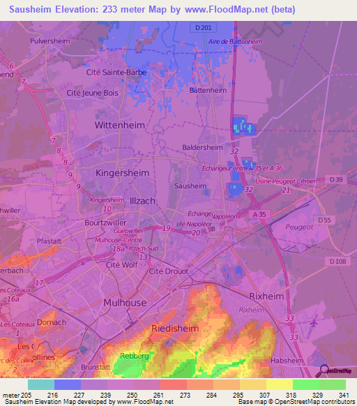 Sausheim,France Elevation Map