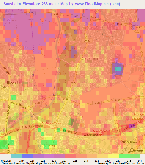 Sausheim,France Elevation Map