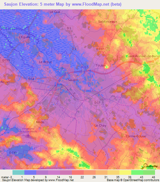 Saujon,France Elevation Map