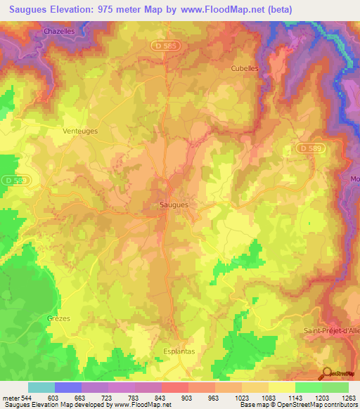 Saugues,France Elevation Map