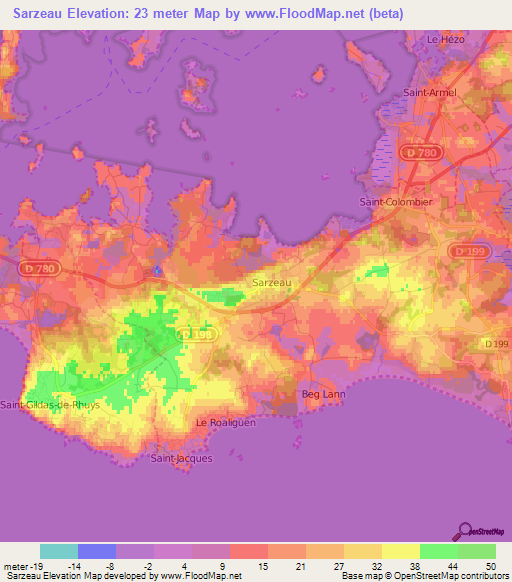 Sarzeau,France Elevation Map