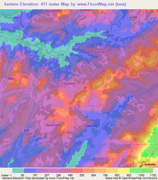 Sartene,France Elevation Map