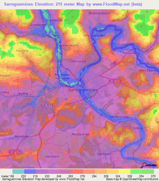 Sarreguemines,France Elevation Map