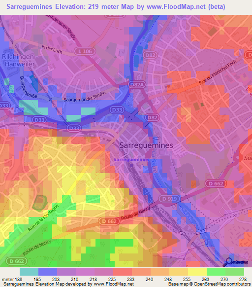 Sarreguemines,France Elevation Map