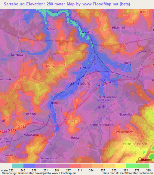 Sarrebourg,France Elevation Map