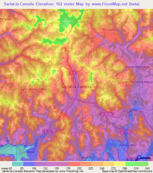 Sarlat-la-Caneda,France Elevation Map