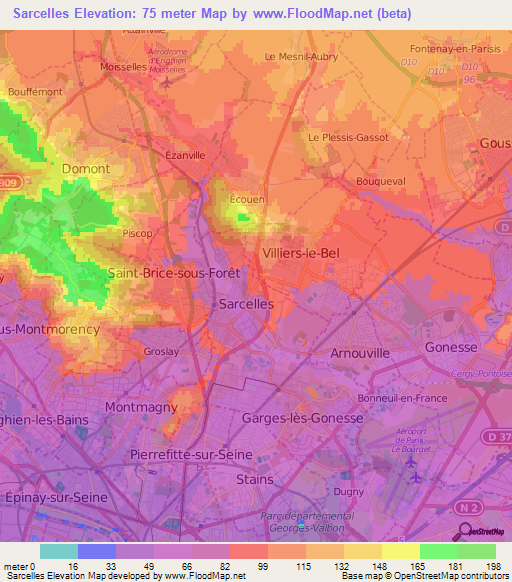 Sarcelles,France Elevation Map