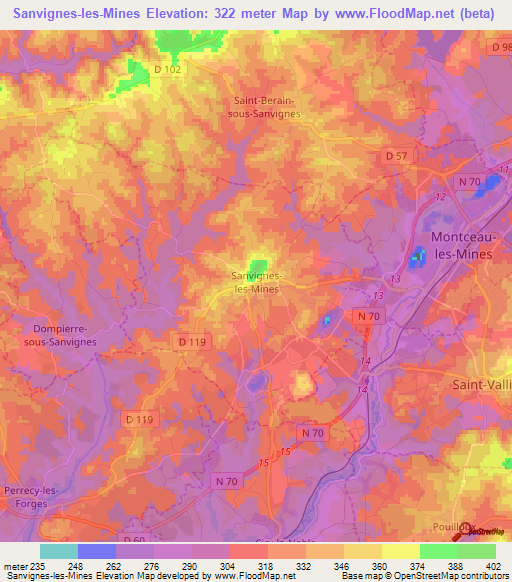 Sanvignes-les-Mines,France Elevation Map