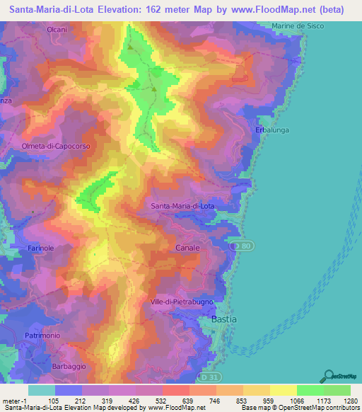 Santa-Maria-di-Lota,France Elevation Map