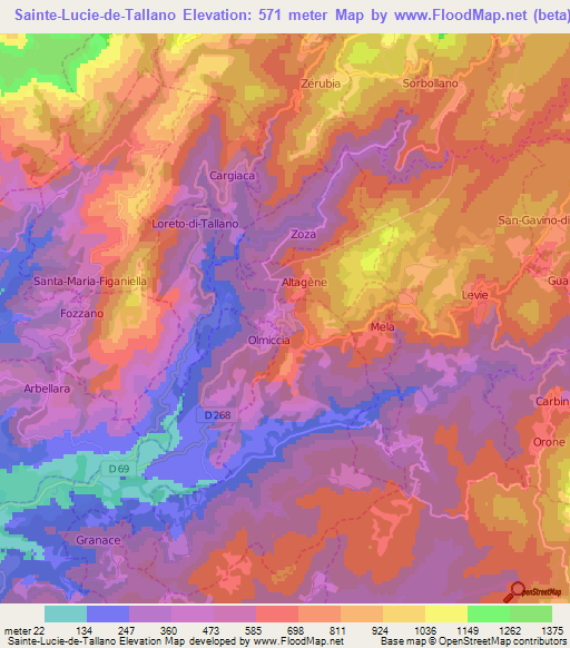 Sainte-Lucie-de-Tallano,France Elevation Map