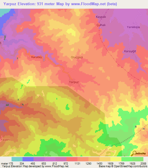 Yarpuz,Turkey Elevation Map