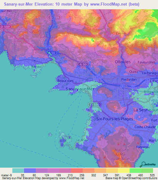 Sanary-sur-Mer,France Elevation Map