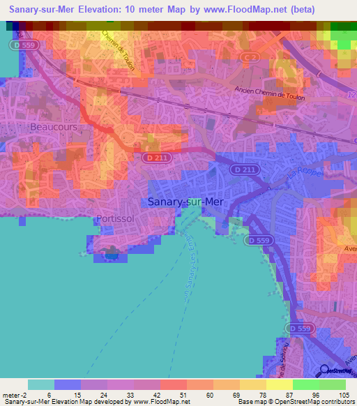 Sanary-sur-Mer,France Elevation Map